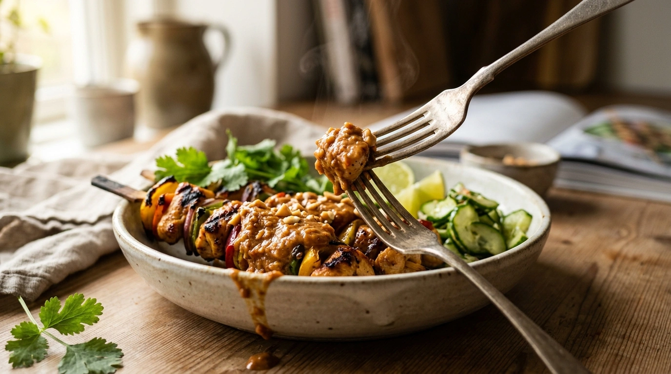Sunde kyllingespyd med cremet peanutbutter satay dip og koriander
